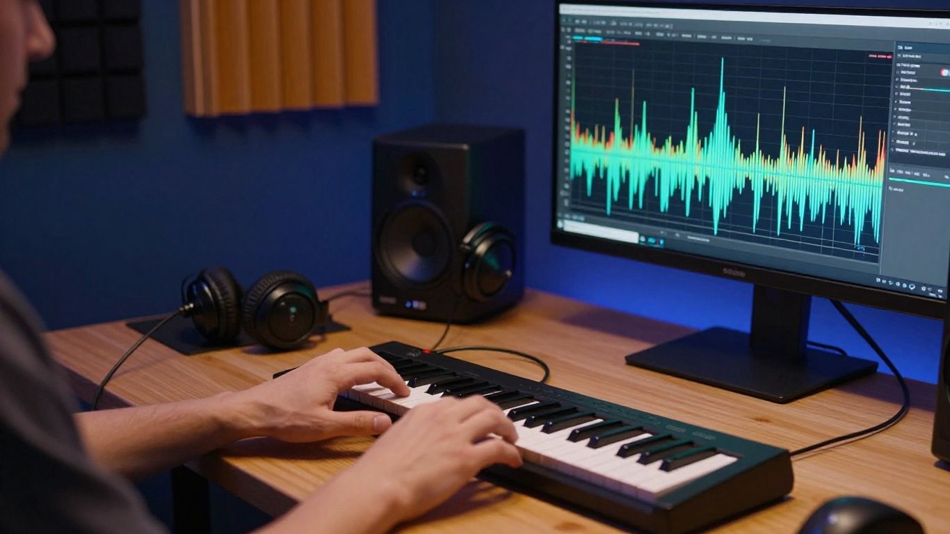 Closeup of hands arranging a digital music session
