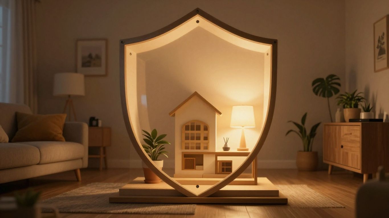 Casa protegida con escudo brillante y objetos del hogar.