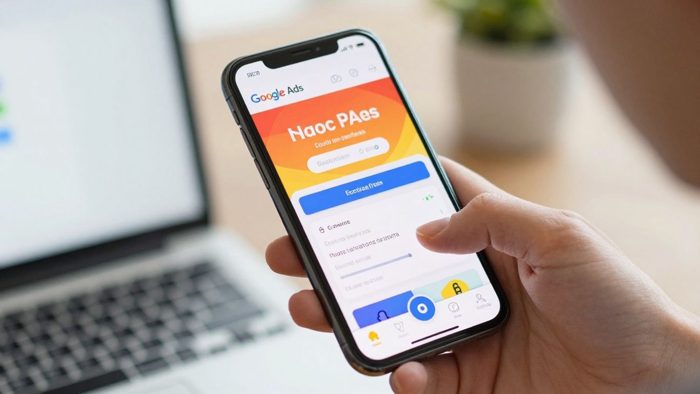 Hands holding smartphone with Google Ads campaign on screen.
