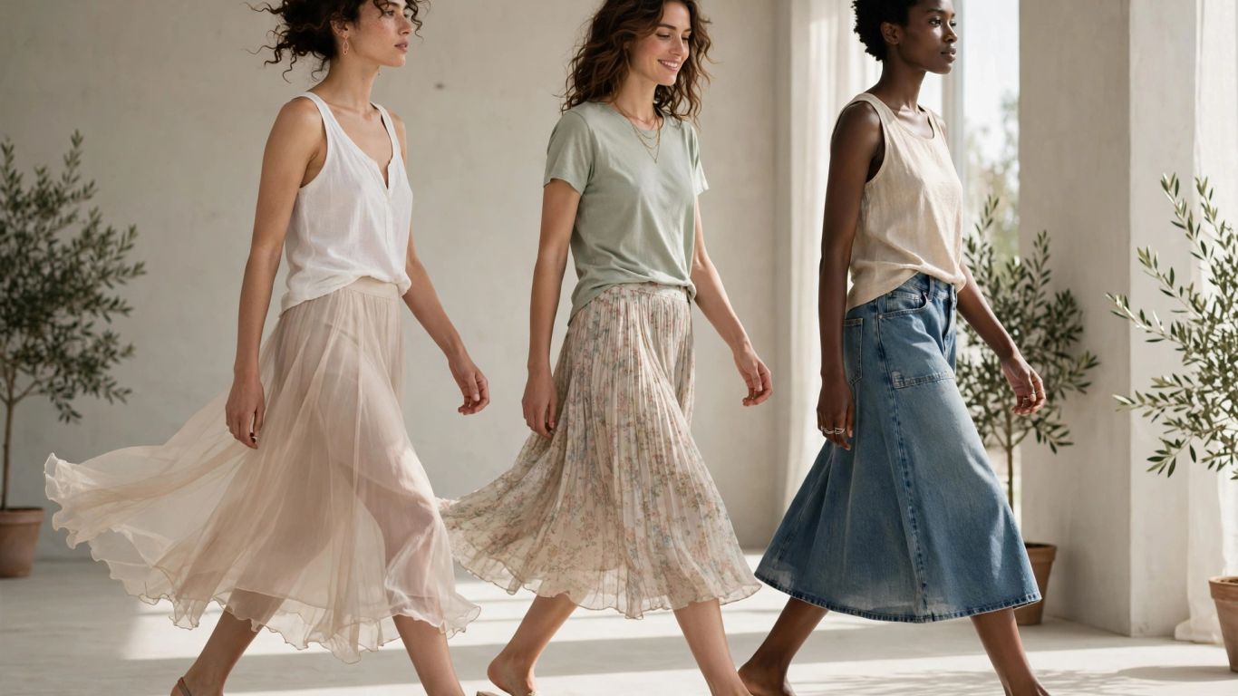 Models wear airy skirts in a relaxed spring runway setting.