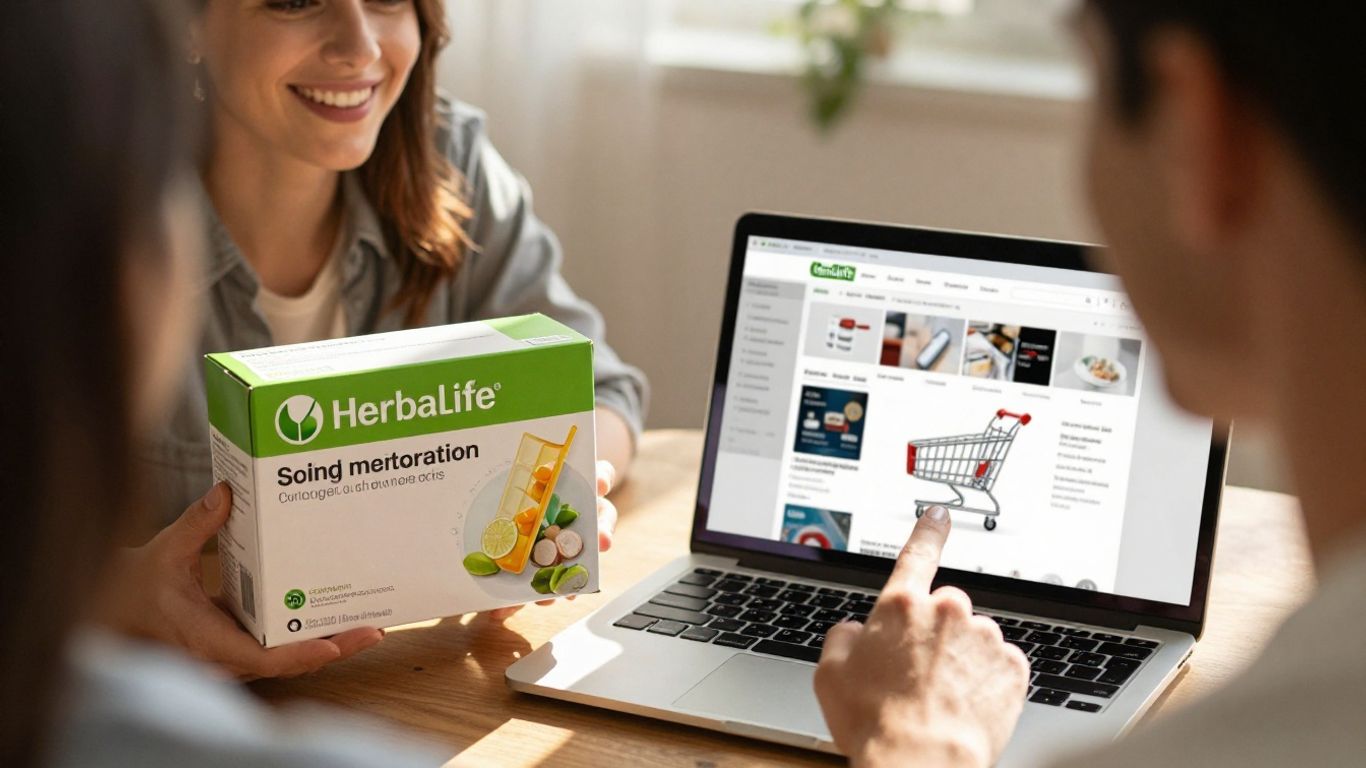 Ordering Herbalife products online with a laptop.