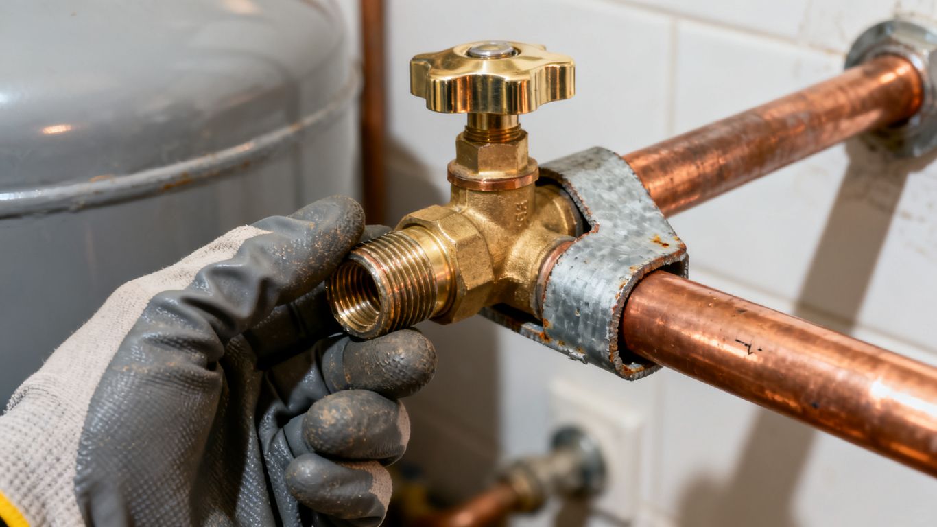 Close view of expansion tank valve and fittings