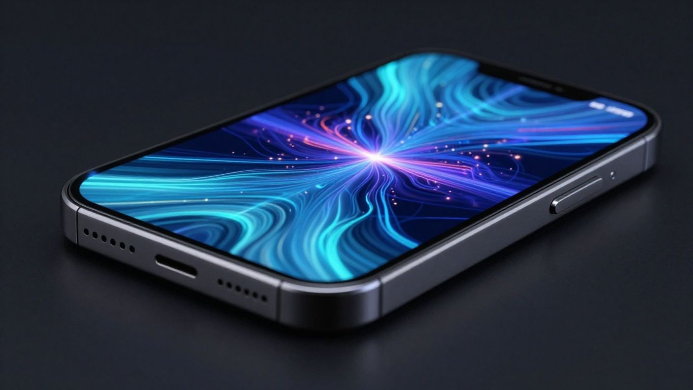 iPhone avec des motifs numériques et des images IA.