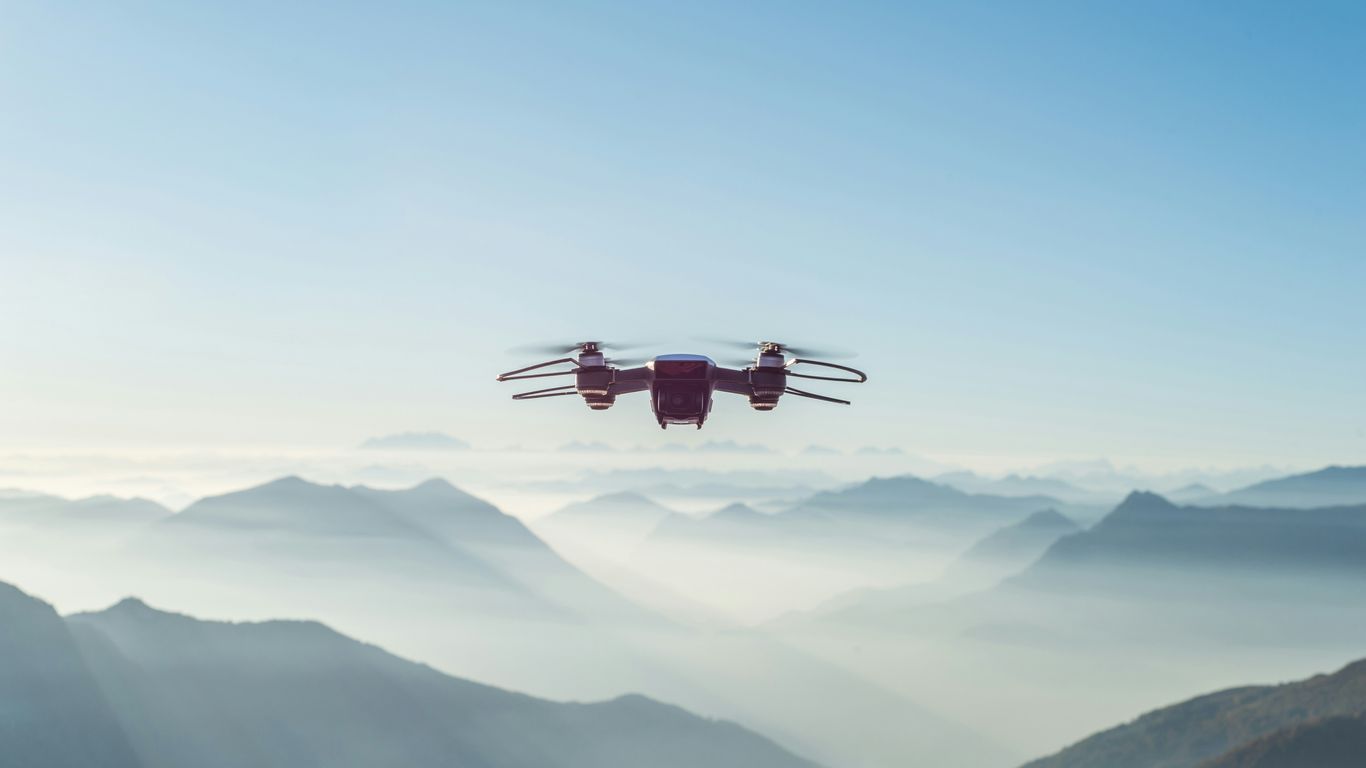 Autonomous drone flying over European landscape