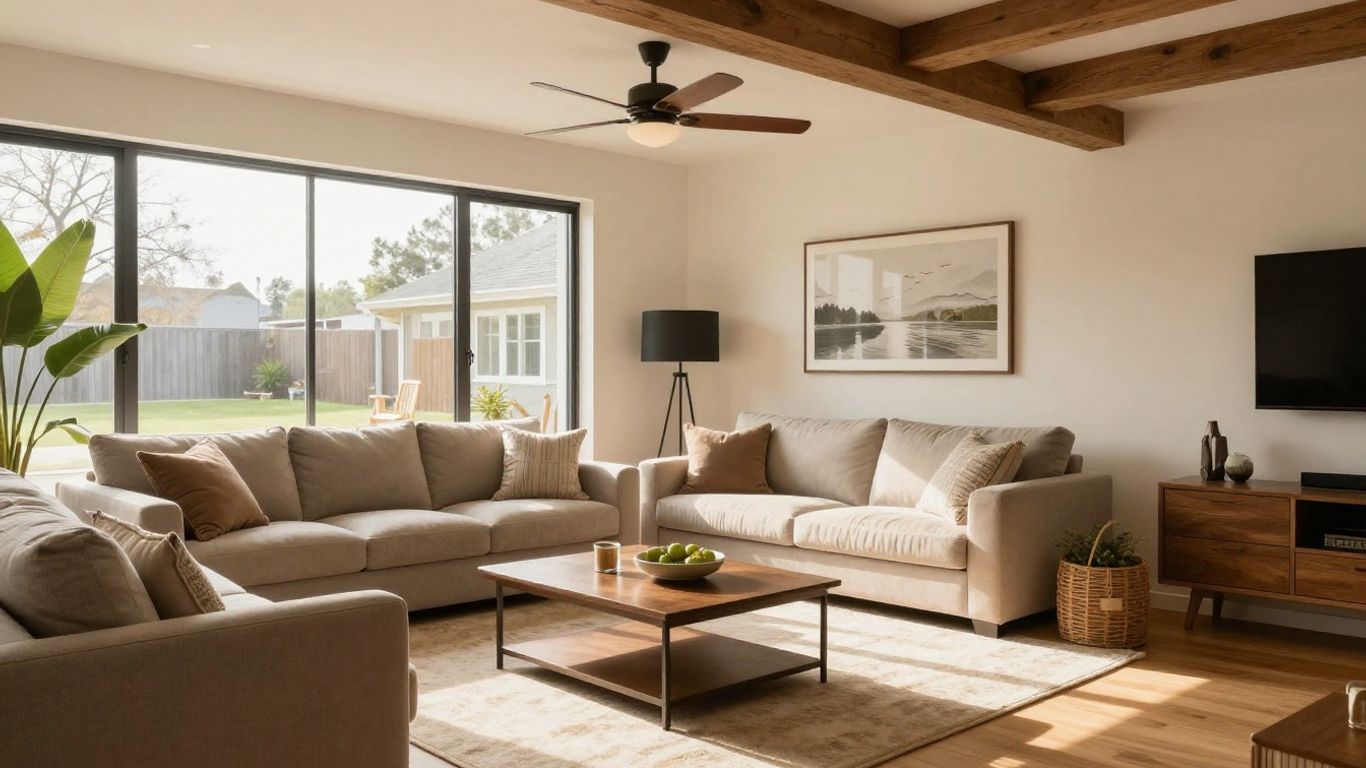 Finished basement living area with comfortable seating and warm lighting.