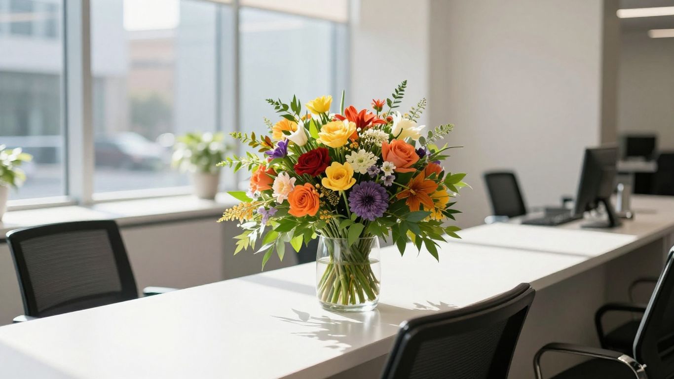 Fresh flower bouquet on professional reception desk