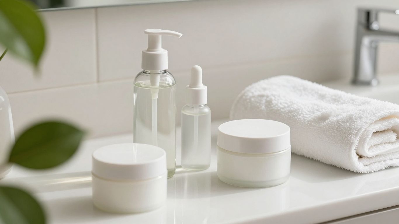 Modern skincare bottles and green leaves on bathroom counter.