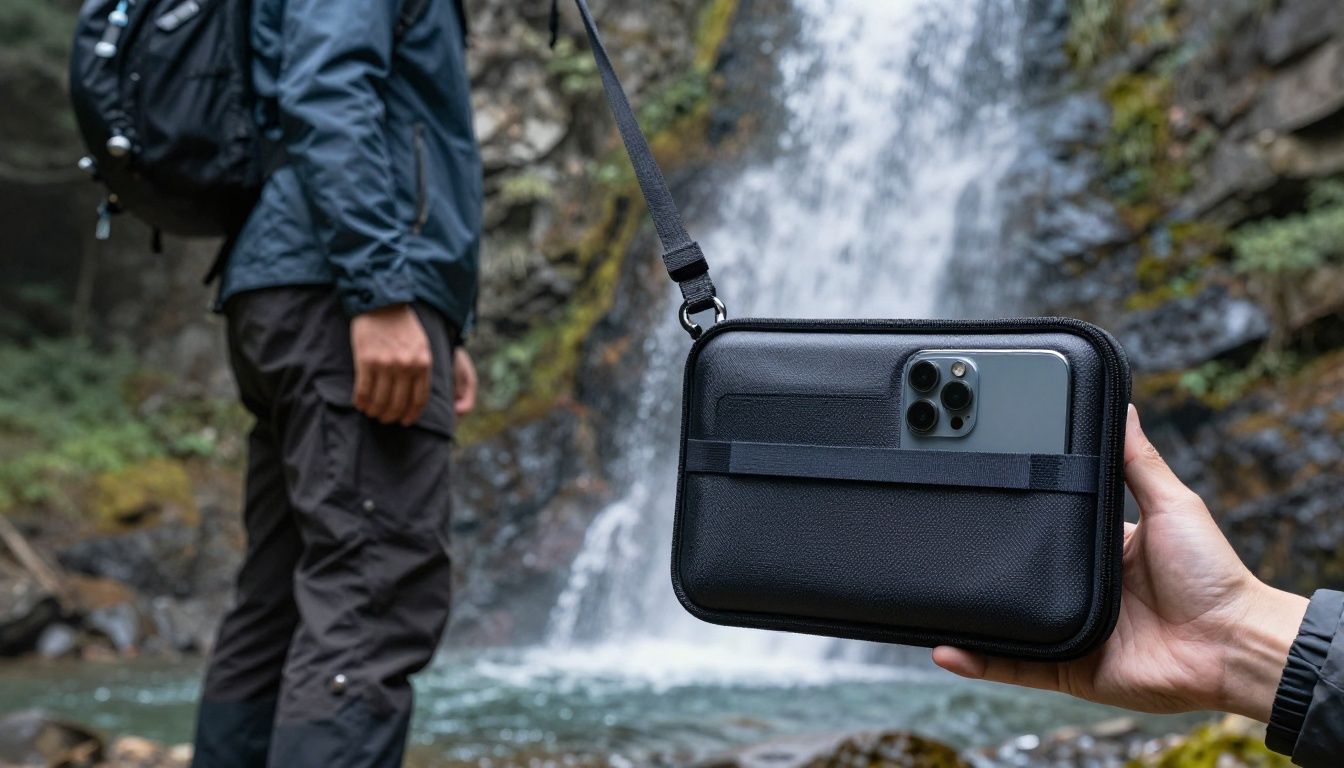 A person hiking in the Blue Mountains near a waterfall, taking a photo with their iPhone 14 Pro Max, which is secured in a sturdy, dark-coloured travel case.