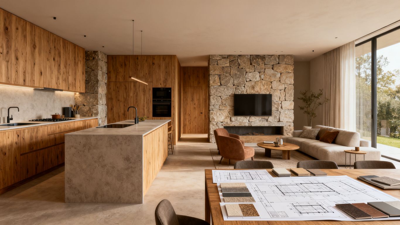 Warm modern renovation interior with trusted contractor details