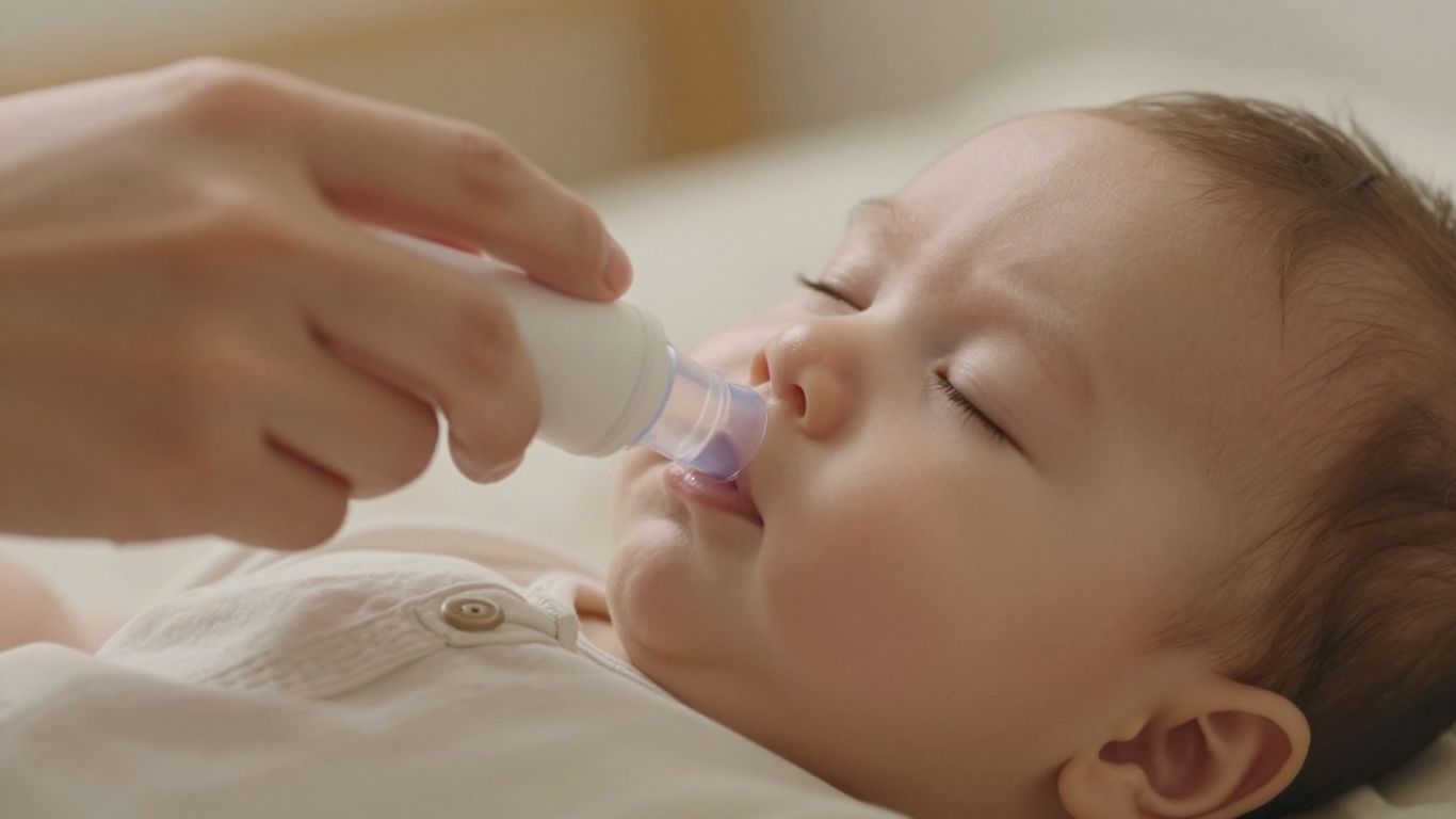 Padre usando aspirador nasal en bebé dormido.
