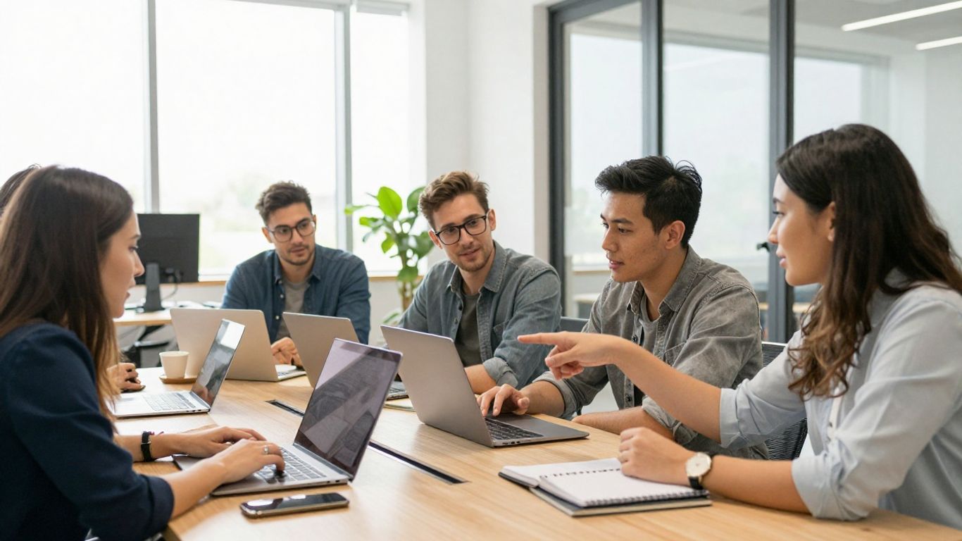 Young professionals collaborating in a modern office.