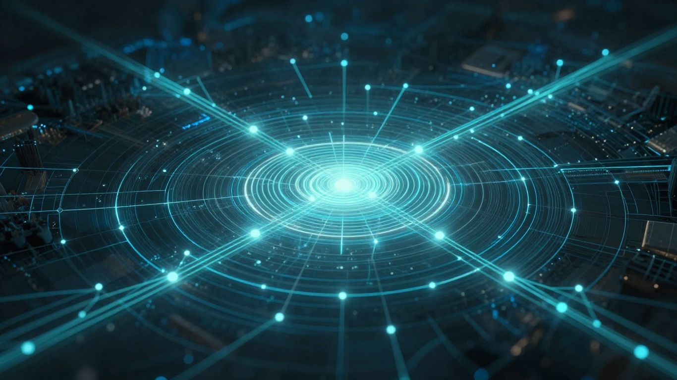 Abstract digital landscape with glowing pathways and nodes.