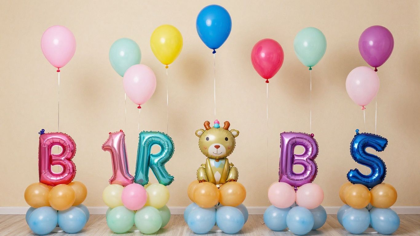 Ballondekorationen für eine Babyparty mit verschiedenen Motiven.