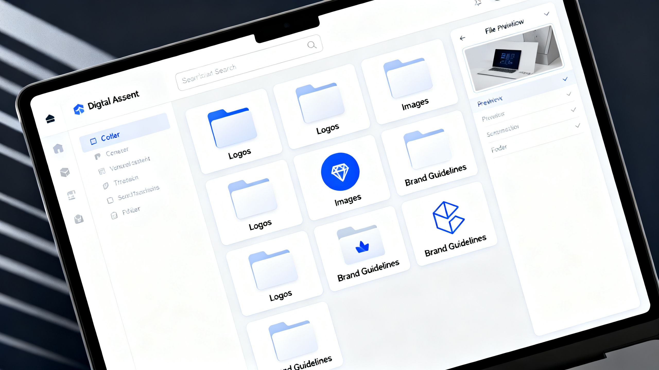 Una dashboard elegante e organizzata per la gestione degli asset digitali visualizzata su uno schermo di computer, che mostra cartelle per loghi, immagini e linee guida del brand.