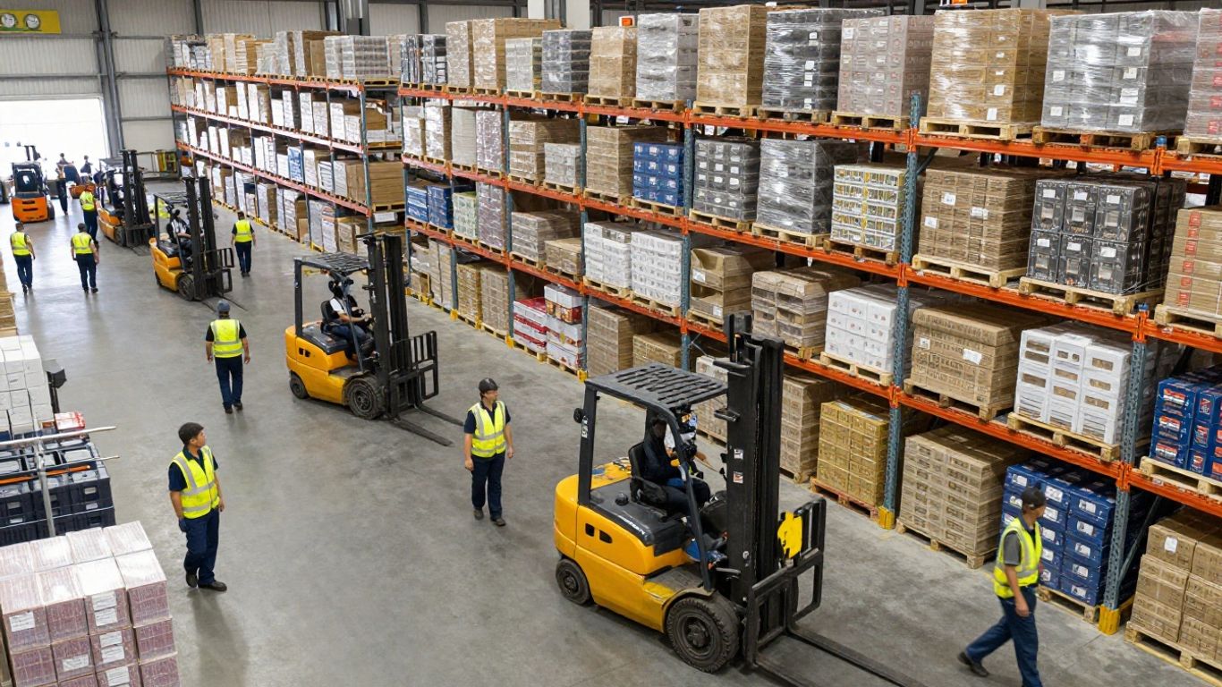 Distribution center operations with teams and forklifts.