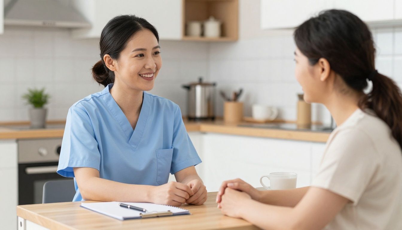 A compassionate home care nurse in a light blue uniform sits at a kitchen table, smiling and talking with the mother of a patient in a bright, welcoming home.