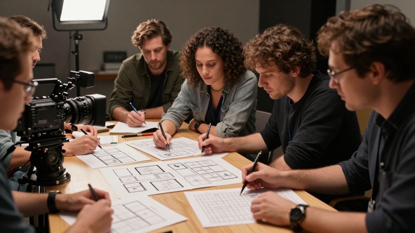 Creative team reviewing a video production storyboard