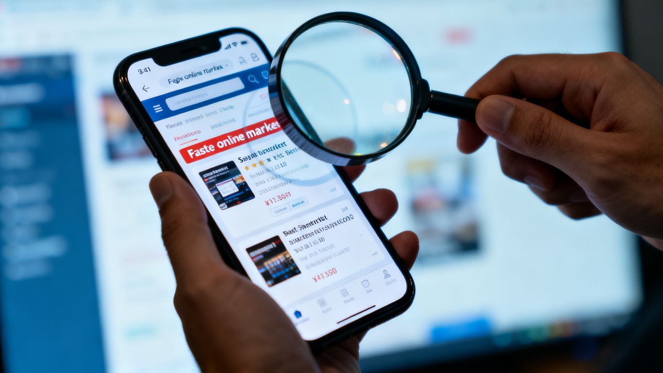 Smartphone mit gefälschter Kleinanzeige und Lupe