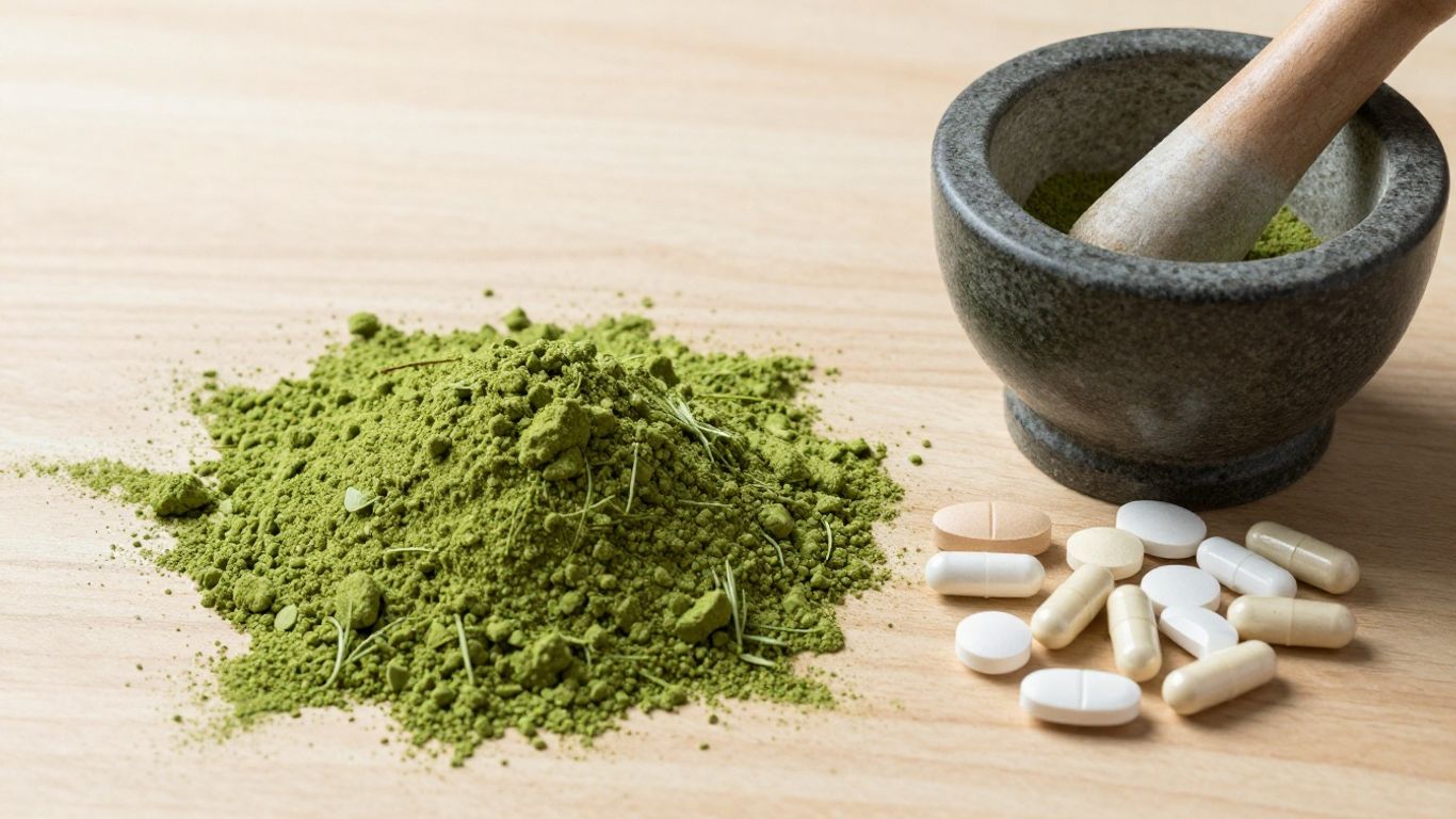 Matcha powder and various pills, suggesting drug interactions.