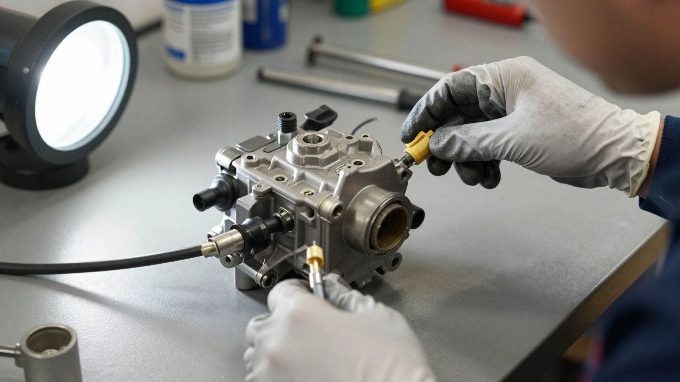Technician inspecting a used fuel pump assembly
