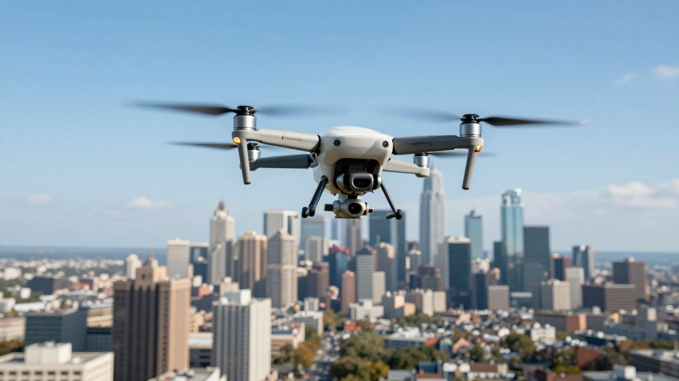 Drone flying near city skyline with flight path overlay.