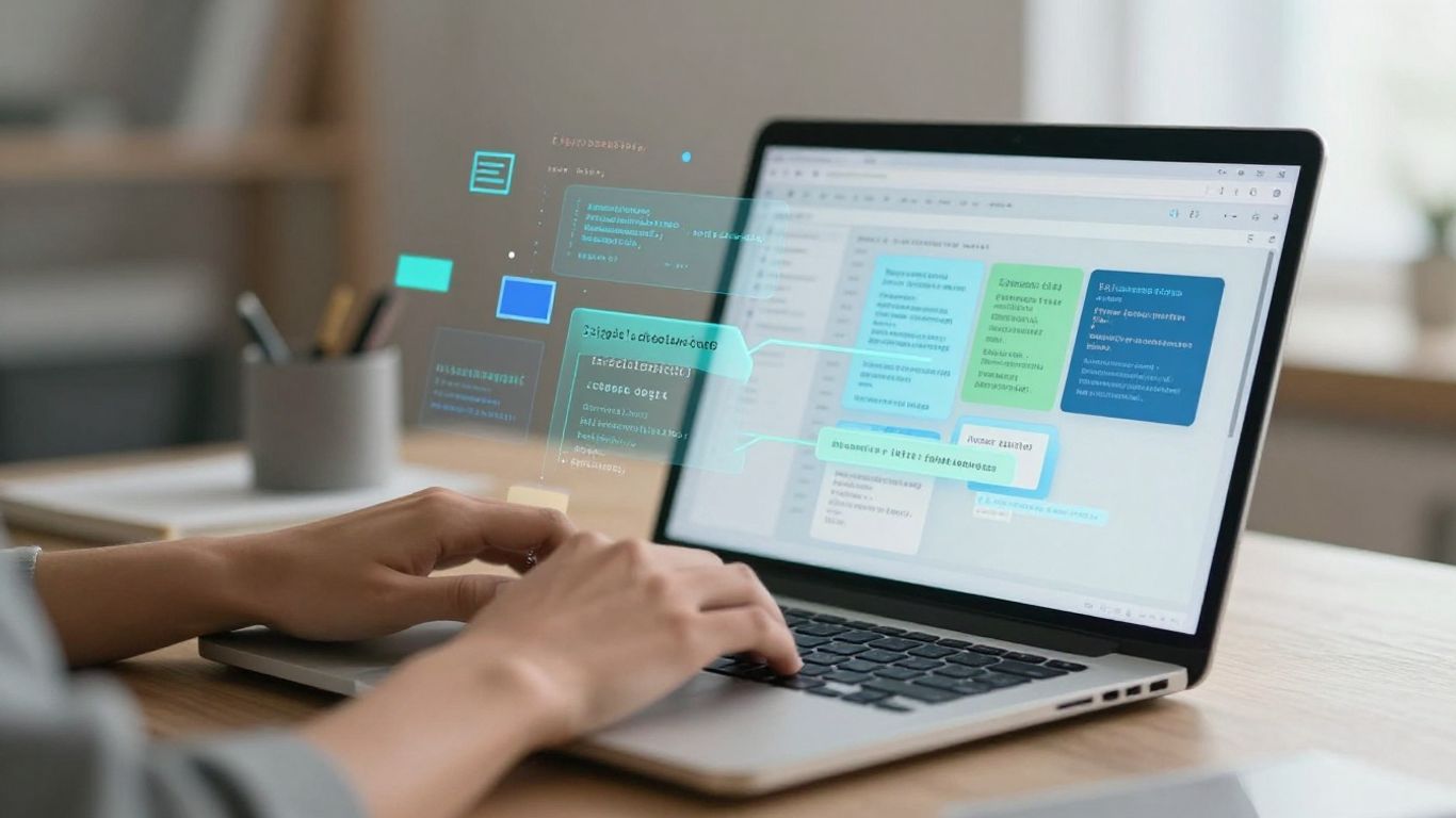 Pessoa trabalhando em um laptop com elementos digitais.