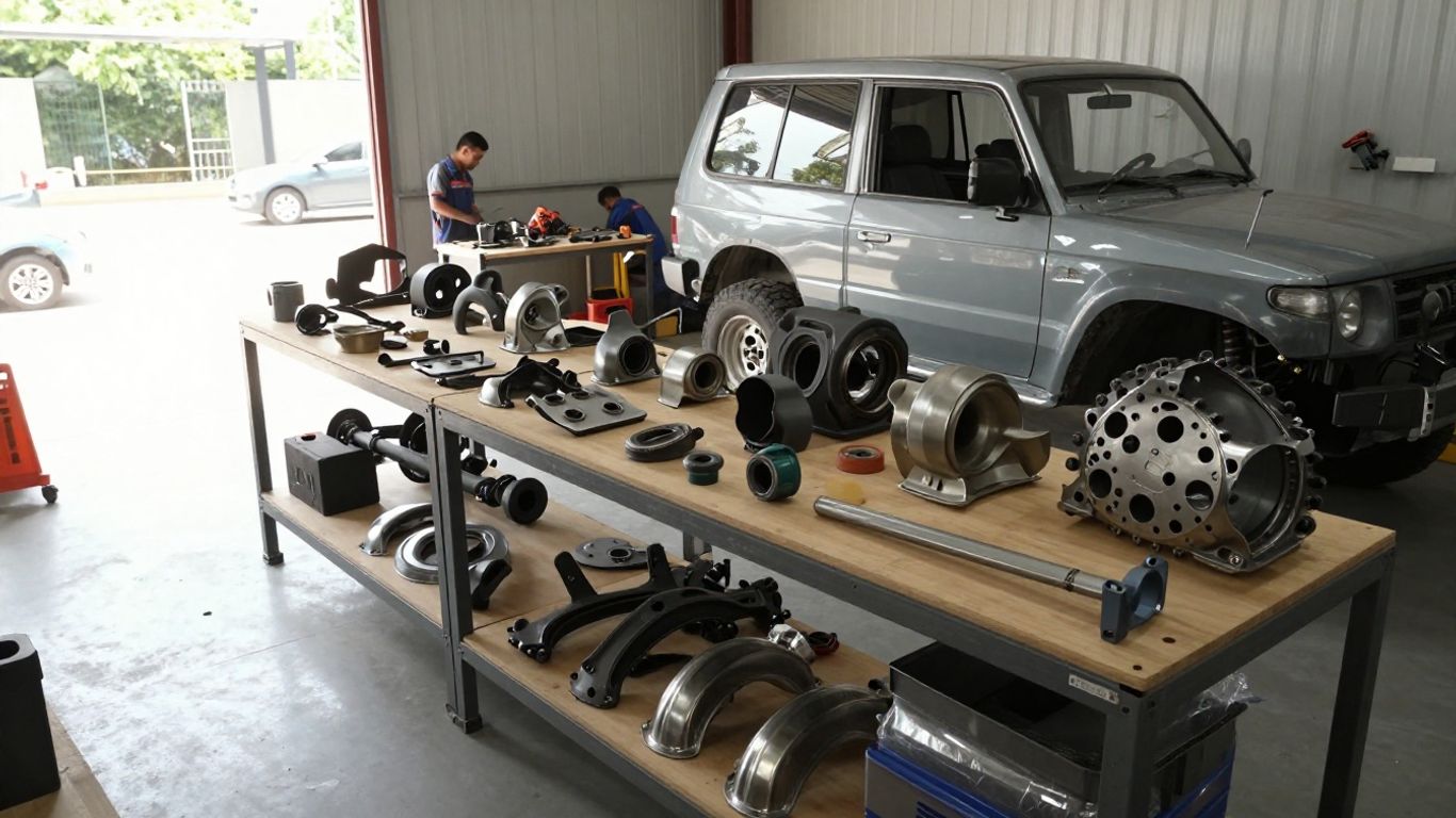 Used Mitsubishi Pajero parts in a workshop.