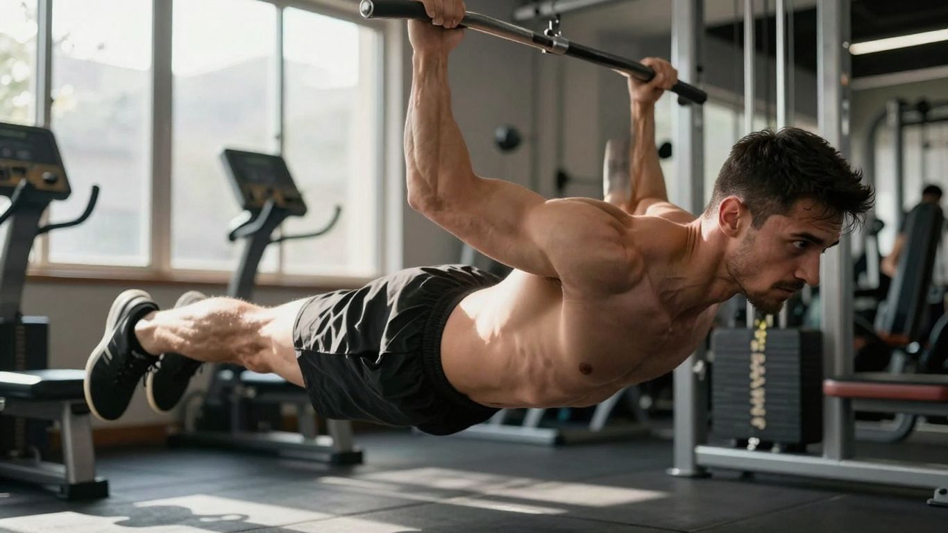 Man doing pull-ups in a gym.