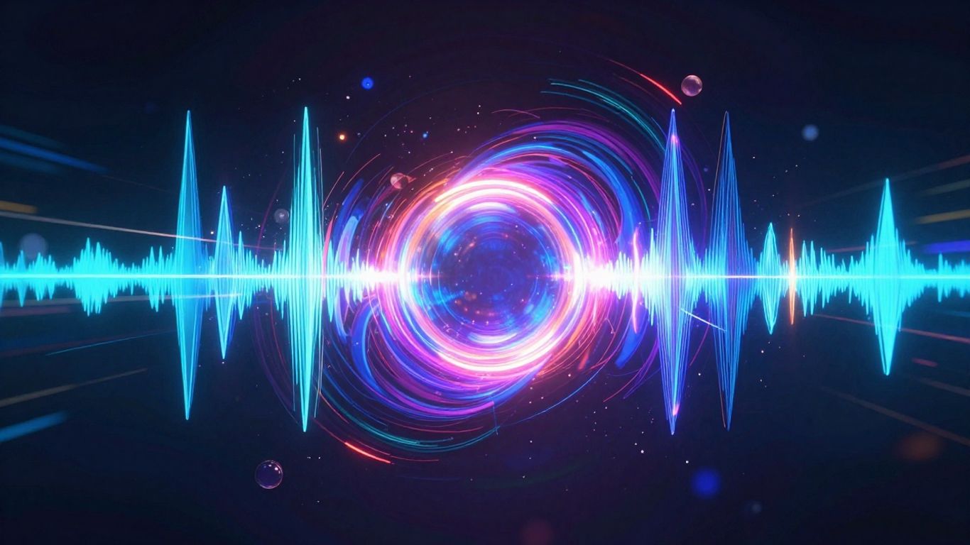AI music video visualizer with waveform and light trails.