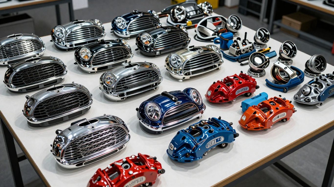Mini Cooper car parts displayed in a workshop.