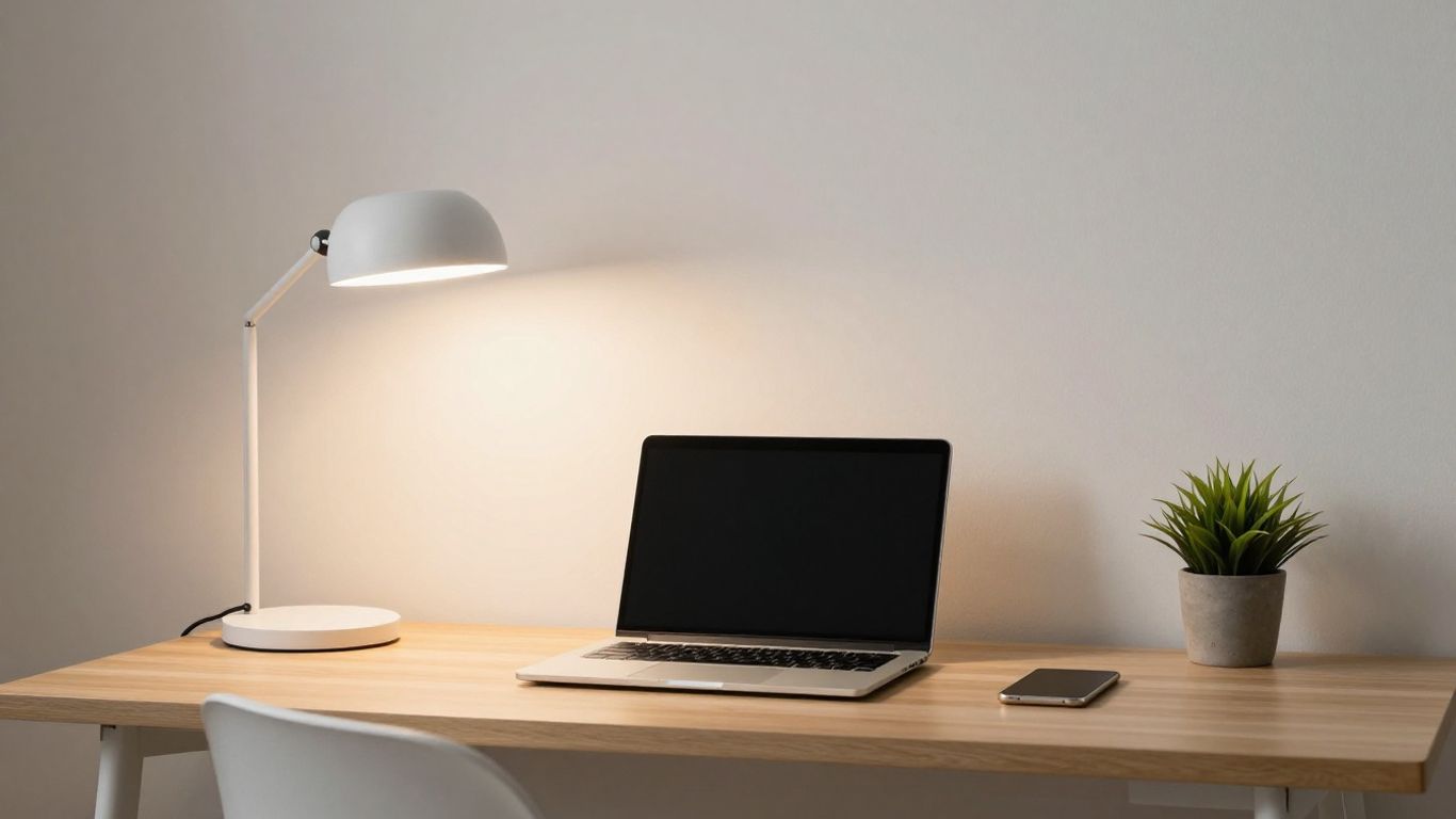 Home office mit guter Beleuchtung und aufgeräumtem Schreibtisch.
