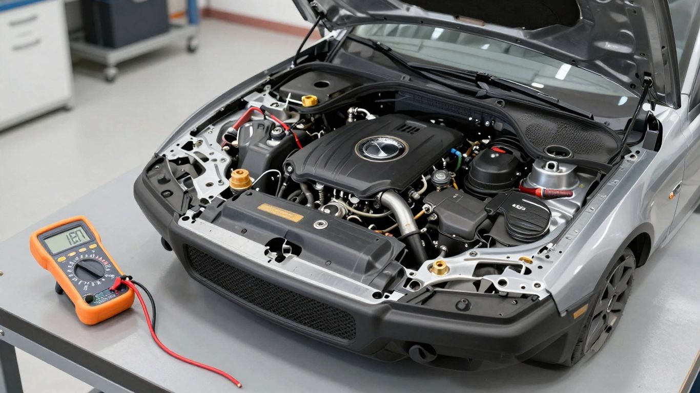 A multimeter beside an open Mercedes engine bay
