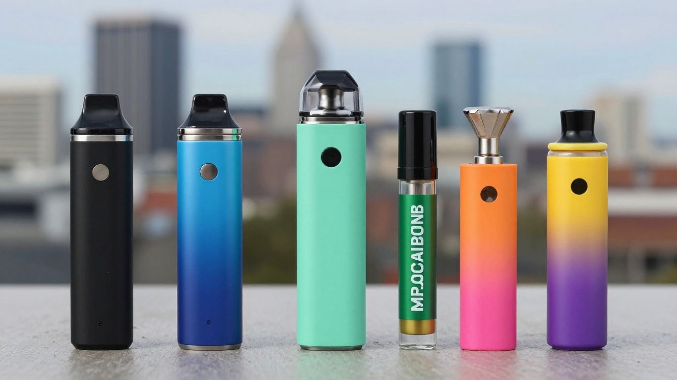 Cannabis vape products and blunts in a modern setting.