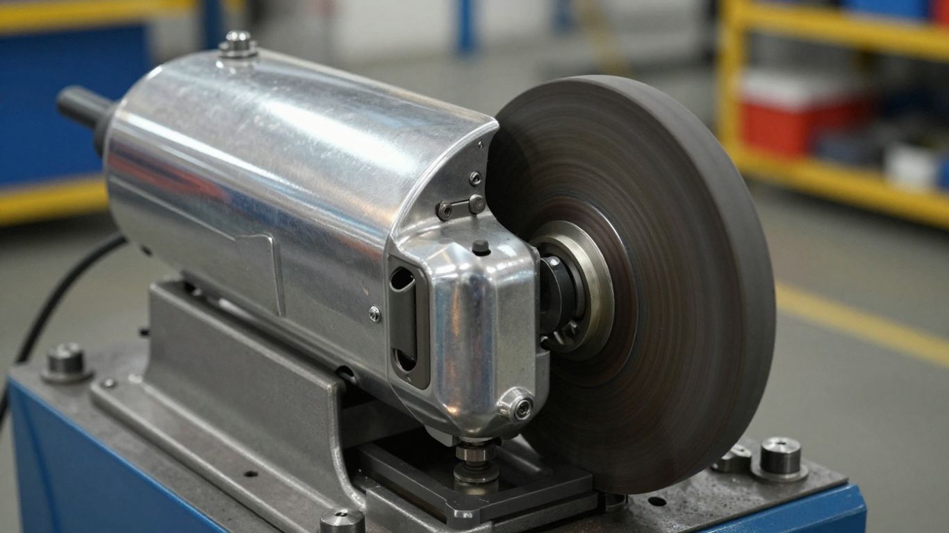 Industrial belt grinder in a manufacturing facility.