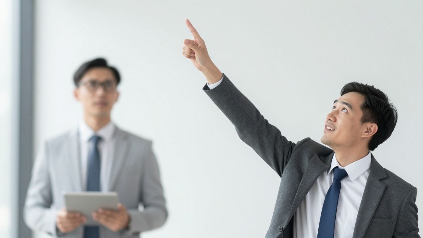 Business professional pointing upwards, indicating growth.