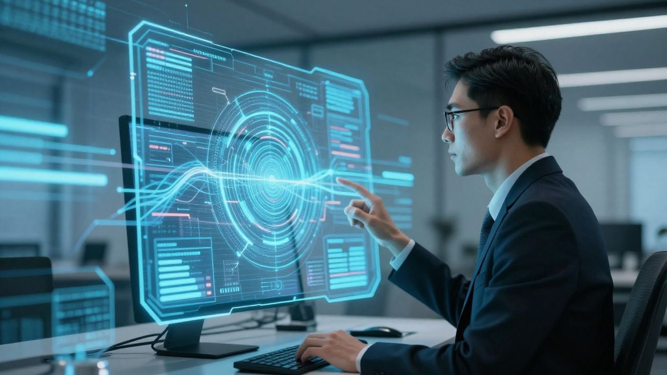 AI consultant working with futuristic digital interfaces.