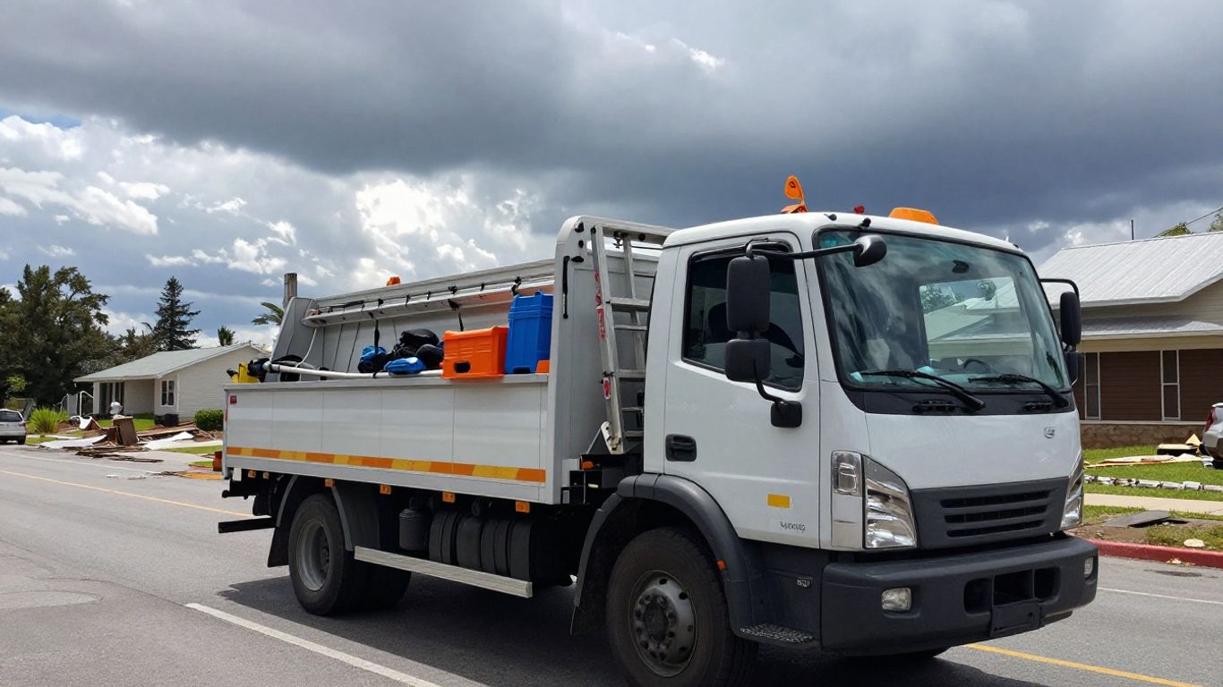 Contractor truck ready for storm damage repairs.