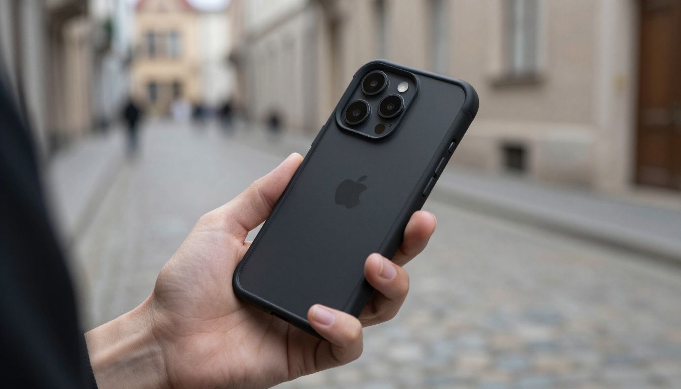 A person's hand holding a smartphone in a sturdy black case, with a blurred background of a European-style cobblestone street.
