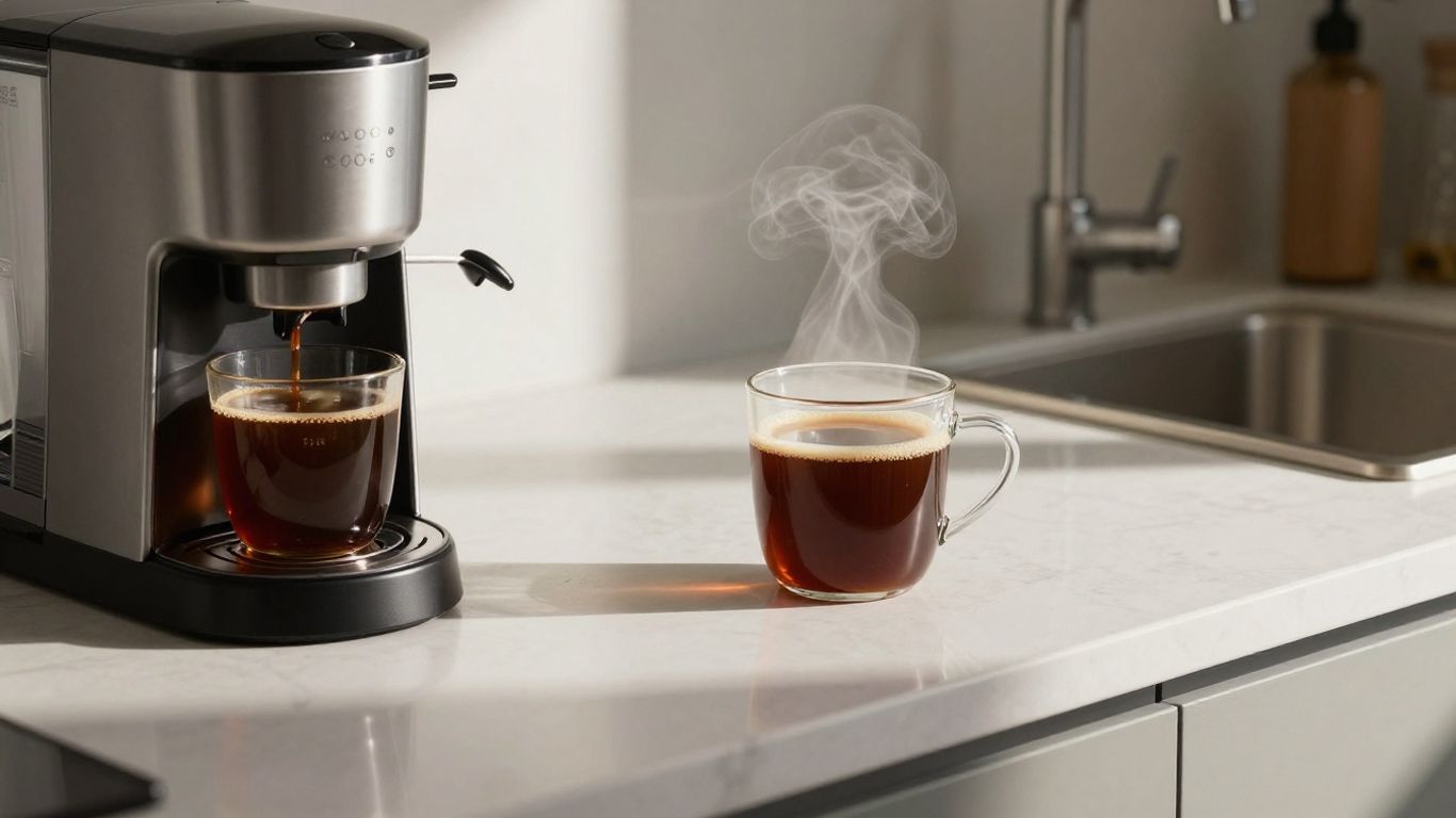 Modern coffee maker on a kitchen counter with steaming coffee.