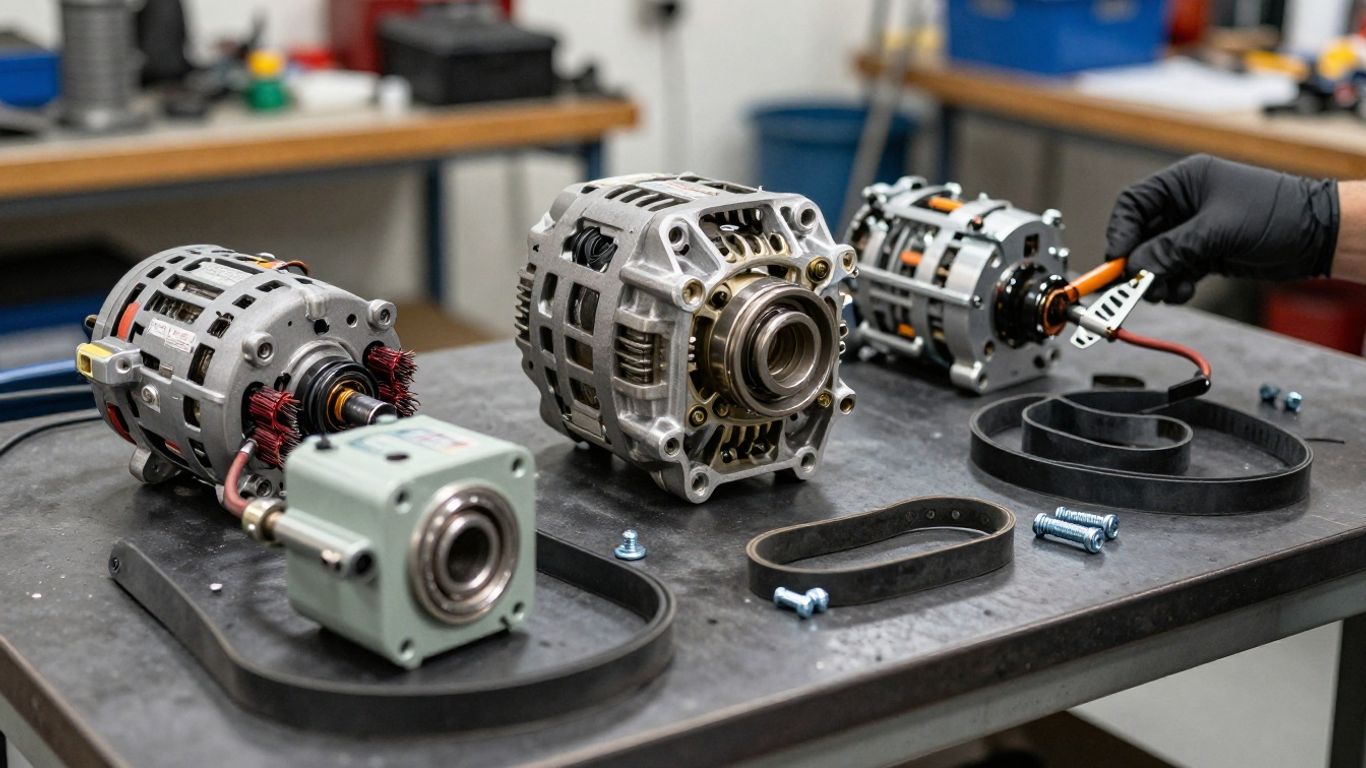 Technician rebuilding an alternator on workbench