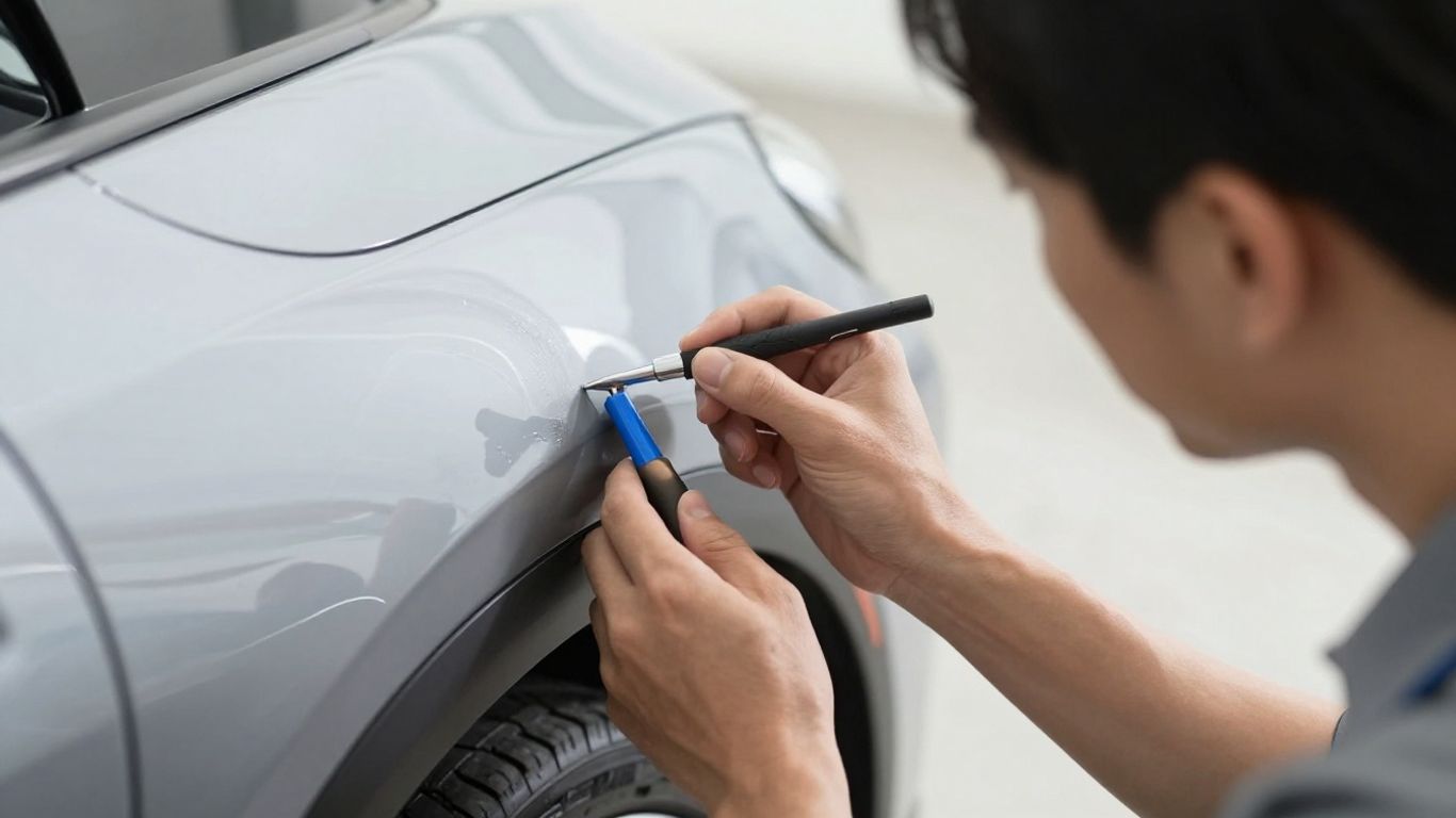 Fahrzeugschaden wird von Gutachter untersucht.