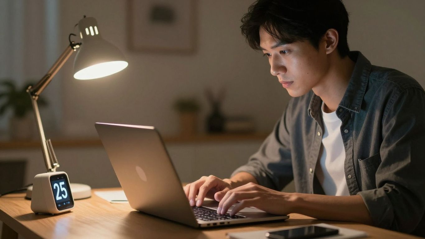 Person working intently on a laptop with a timer.