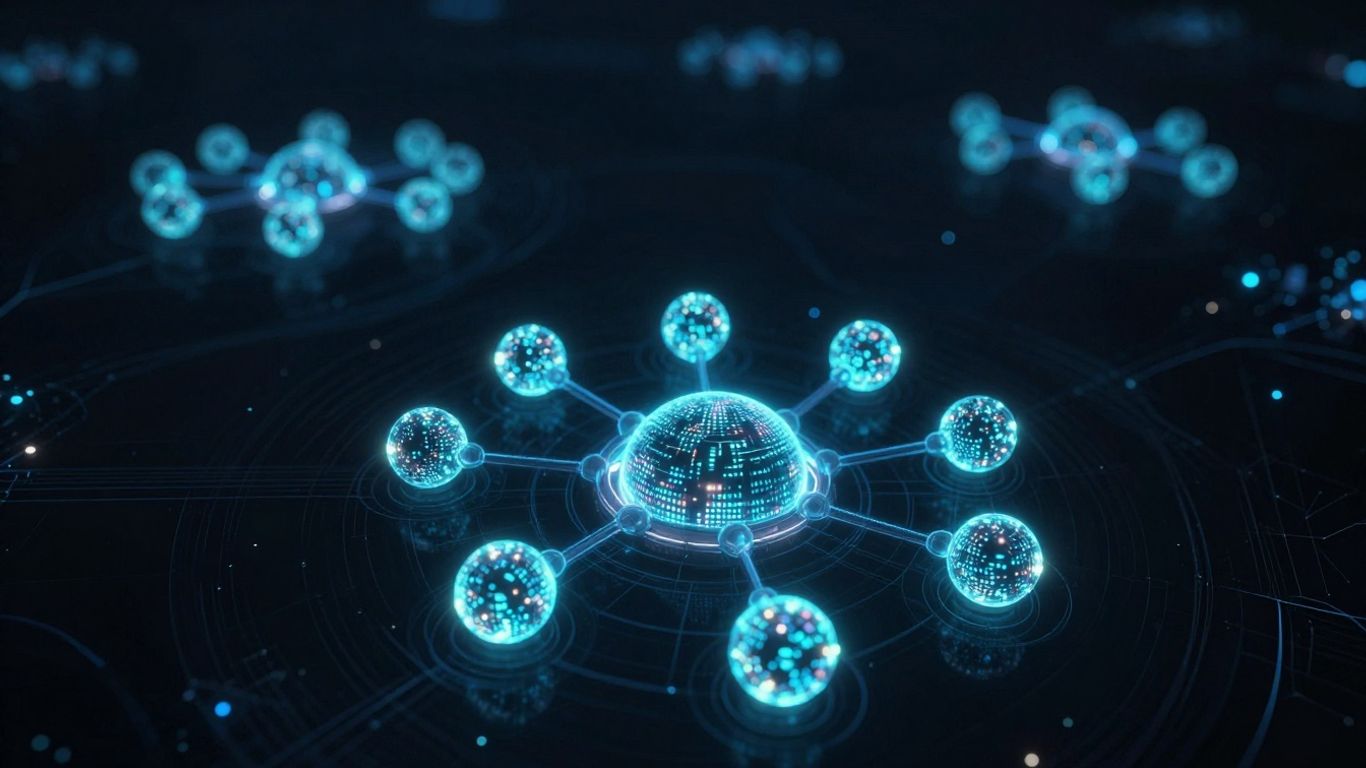 Blockchain nodes connected in a digital network.