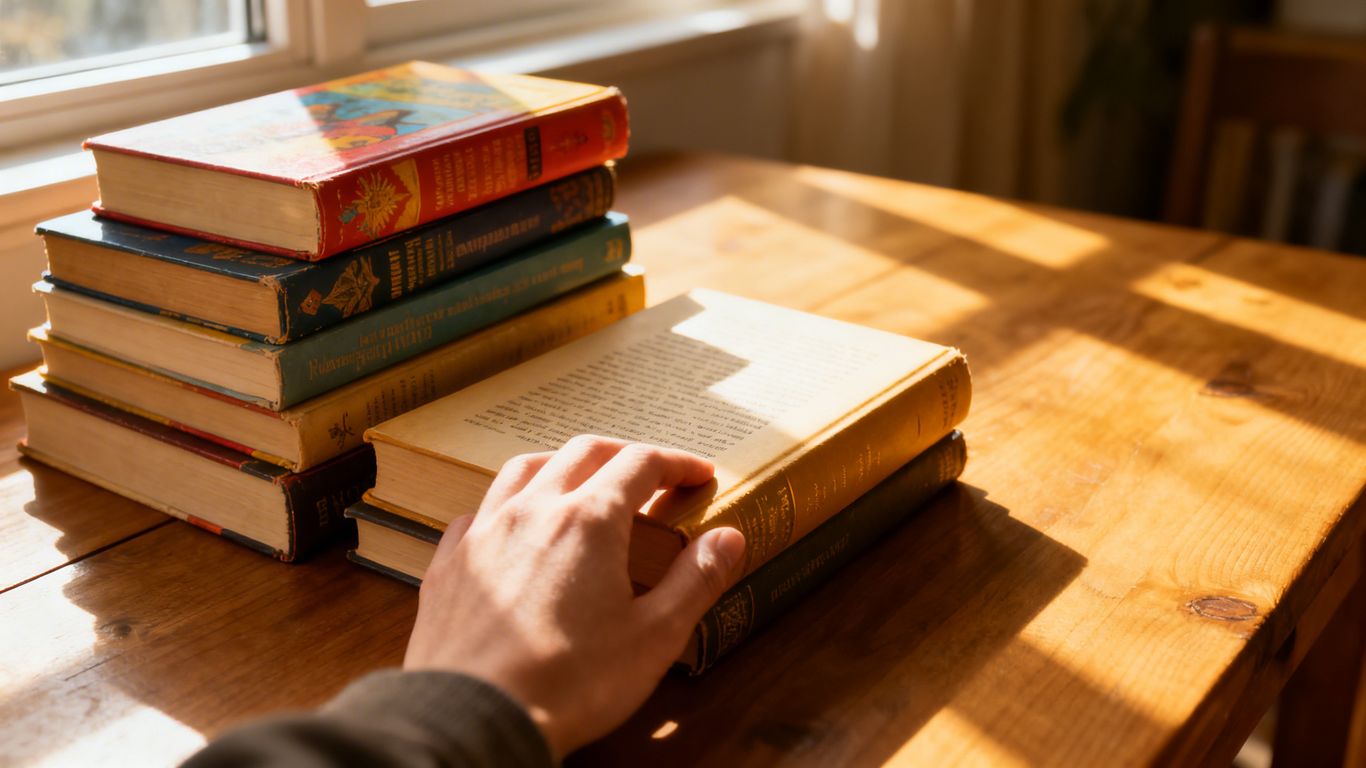 Stack of books with sunlight, hand touching spine.