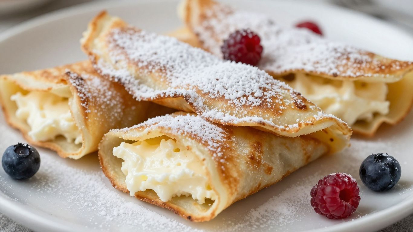 Golden Polish cheese crepes dusted with powdered sugar.