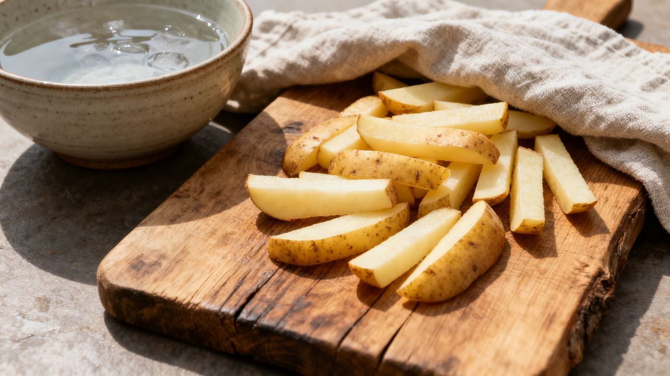 Vers gesneden biologische aardappelen op houten plank