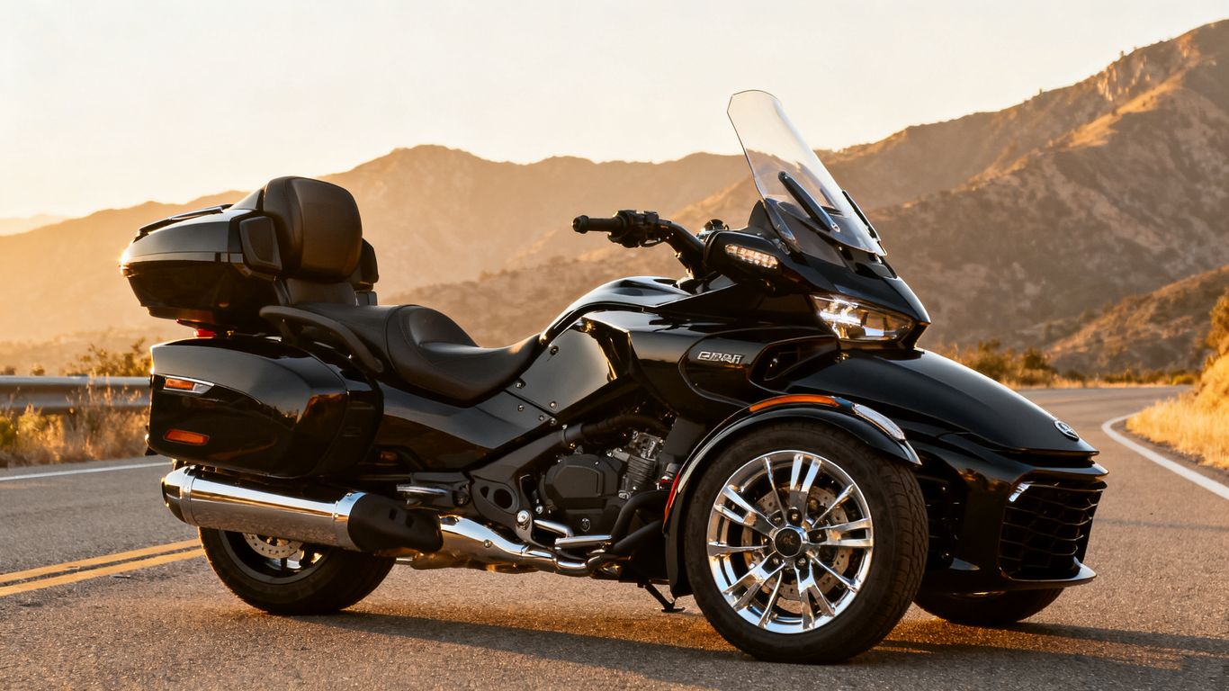 Three-wheeled touring motorcycle parked outdoors