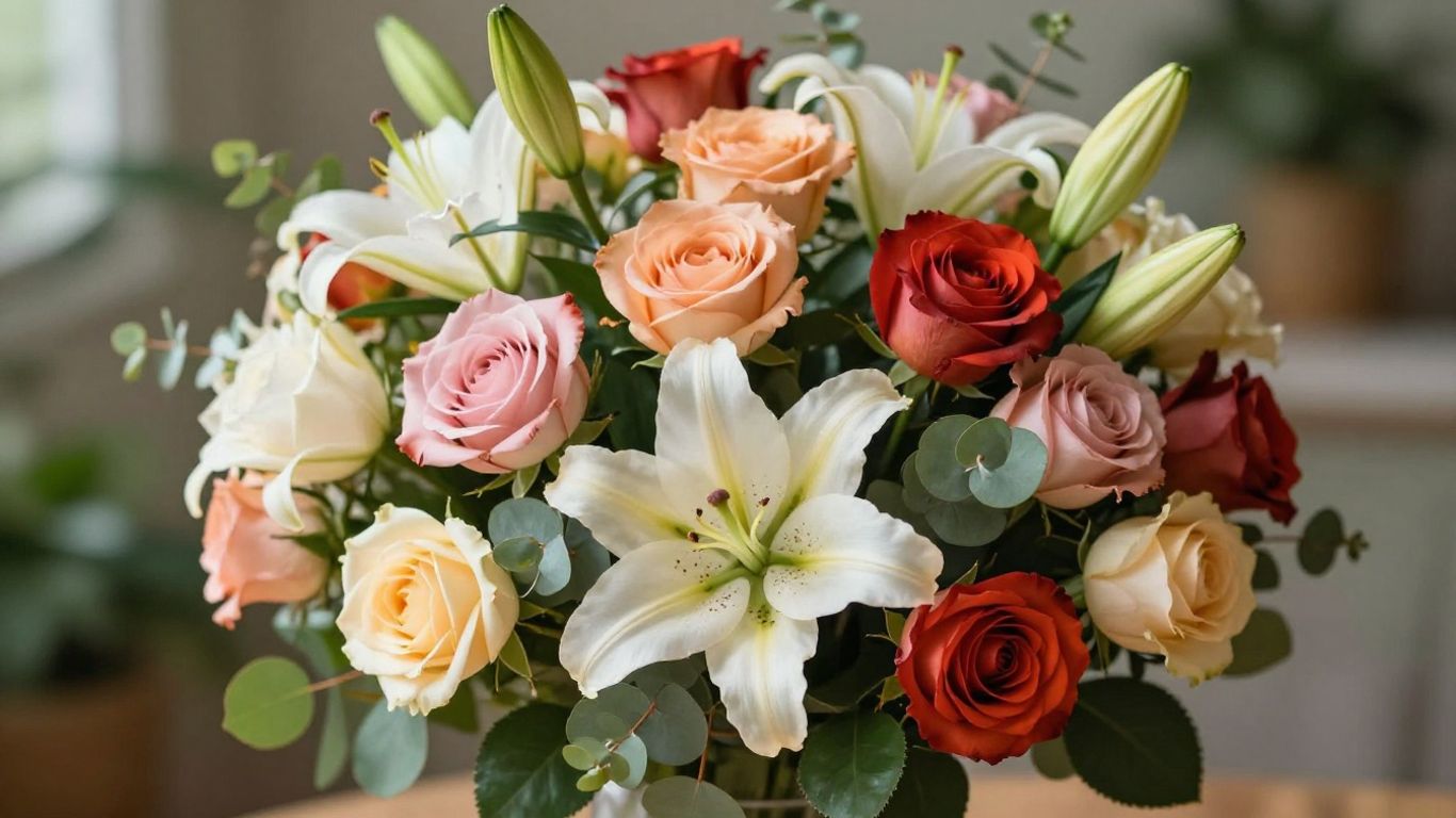 Handcrafted floral bouquet with roses and lilies.
