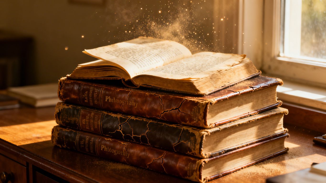 Stack of classic philosophy books with sunlight.