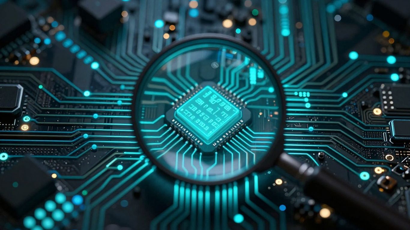 Digital circuit board with glowing code and data streams.